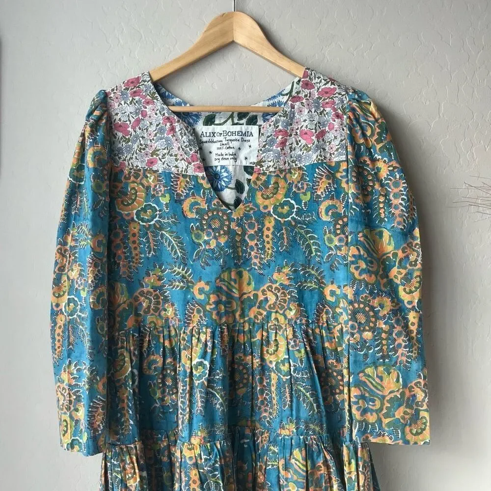 Alix of Bohemia Squash Blossom‎ Turquoise Print Tiered Mini Dress Size Small